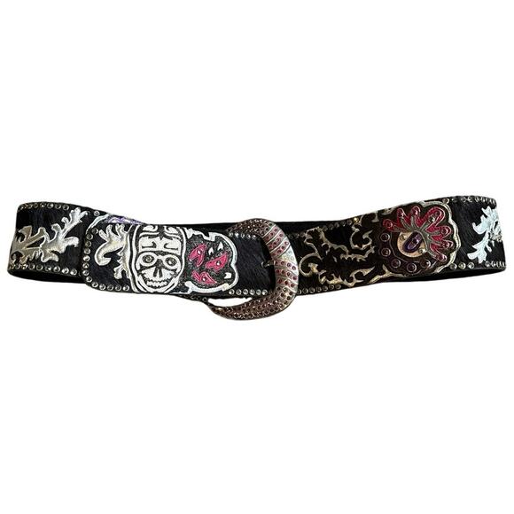 MINT Kippys Black Western Skeleton Rose Bling Leather Belt Fur Swarovski Size 36 - Picture 1 of 7